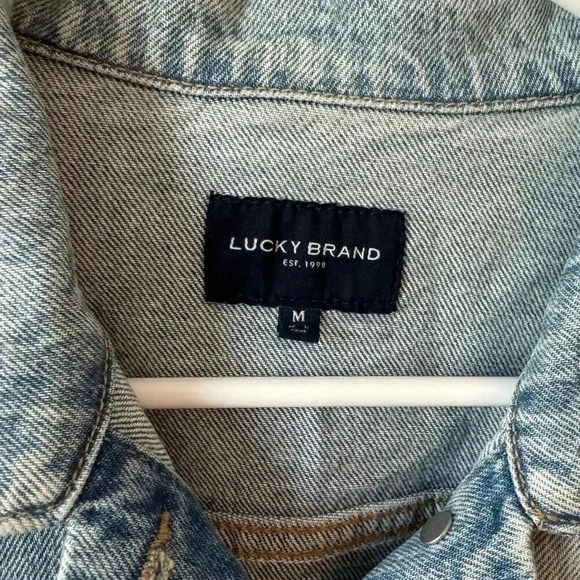 LUCKY BRAND Crochet Capsule Trucker Denim Distressed Jacket, Size Medium - Picture 7 of 16